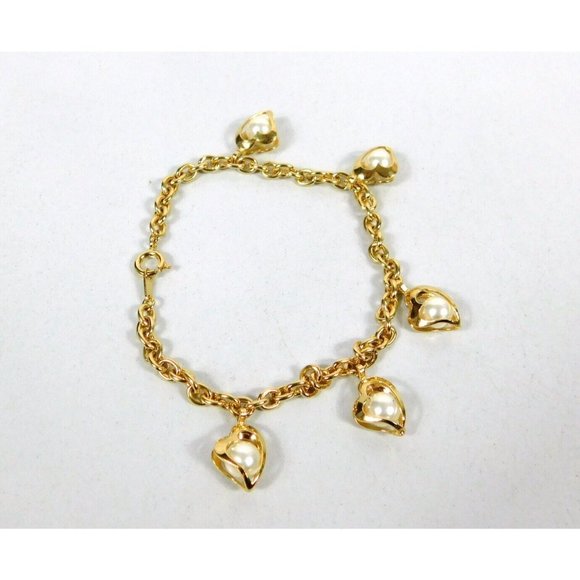 Vtg Faux Pearl Enclosed Hearts Gold Tone Bracelet 8 1/8" Long Spring Ring Clasp - Picture 4 of 9